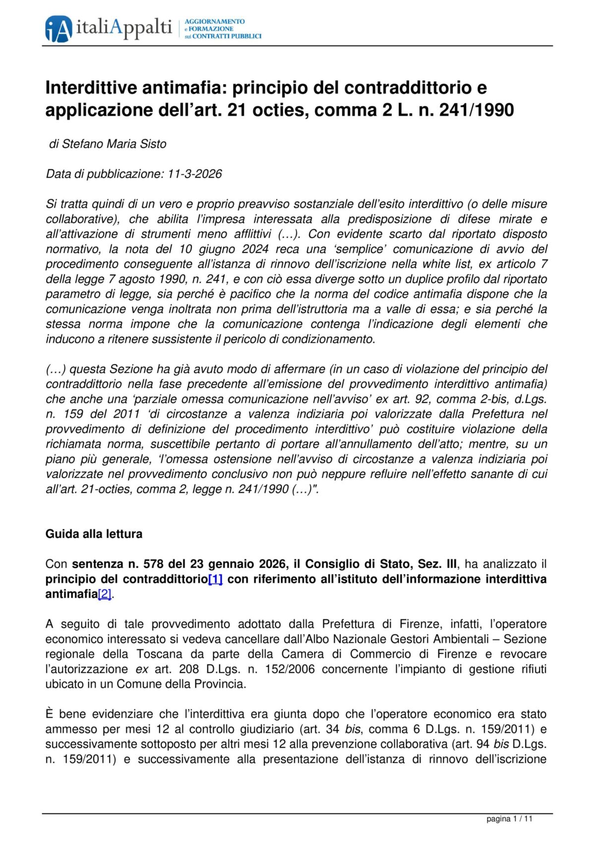 SISTO S.M. - Interdittive antimafia principio del contraddittorio e art. 21 octies