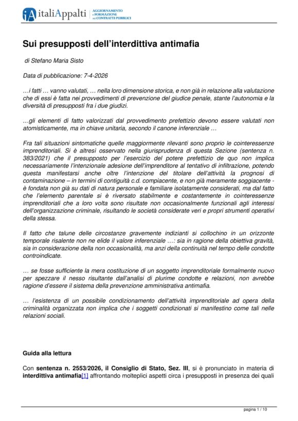 Sui presupposti dell'interdittiva antimafia - Stefano Maria Sisto